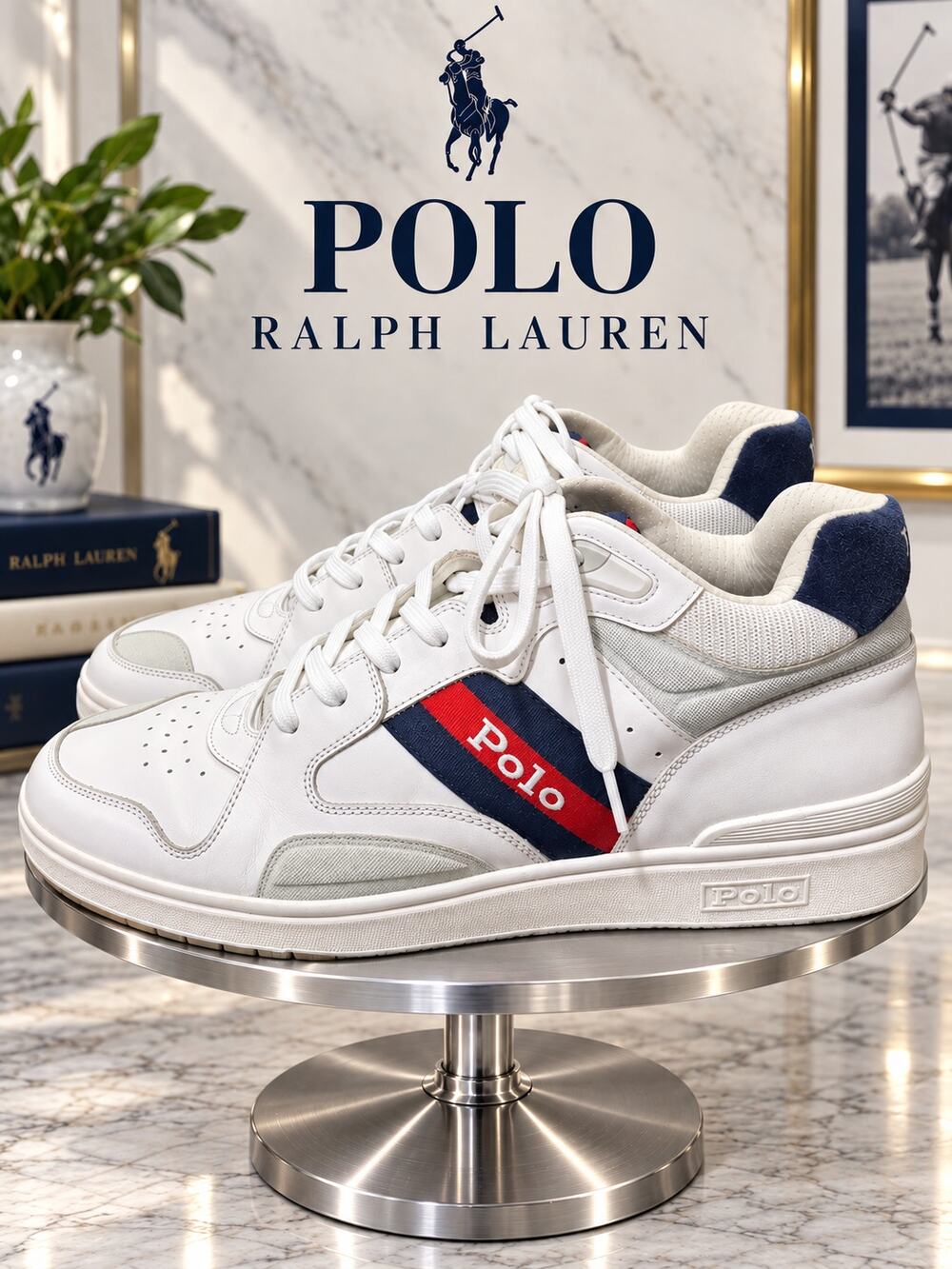 Polo Ralph Lauren CRT Mid Leather Sneakers White Navy Red Men’s 13